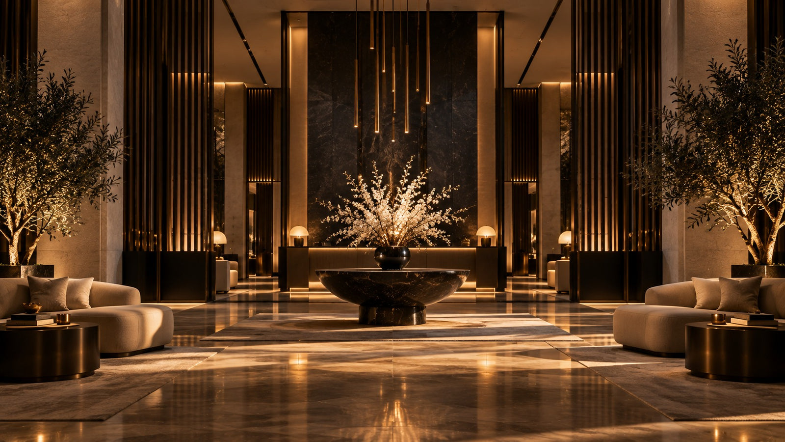 Lobby de hotel de lux în lumină caldă, cu accente aurii