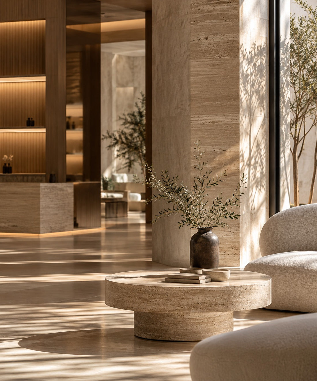 Interior contemporan luminos, cu travertin, texturi naturale și lumină caldă