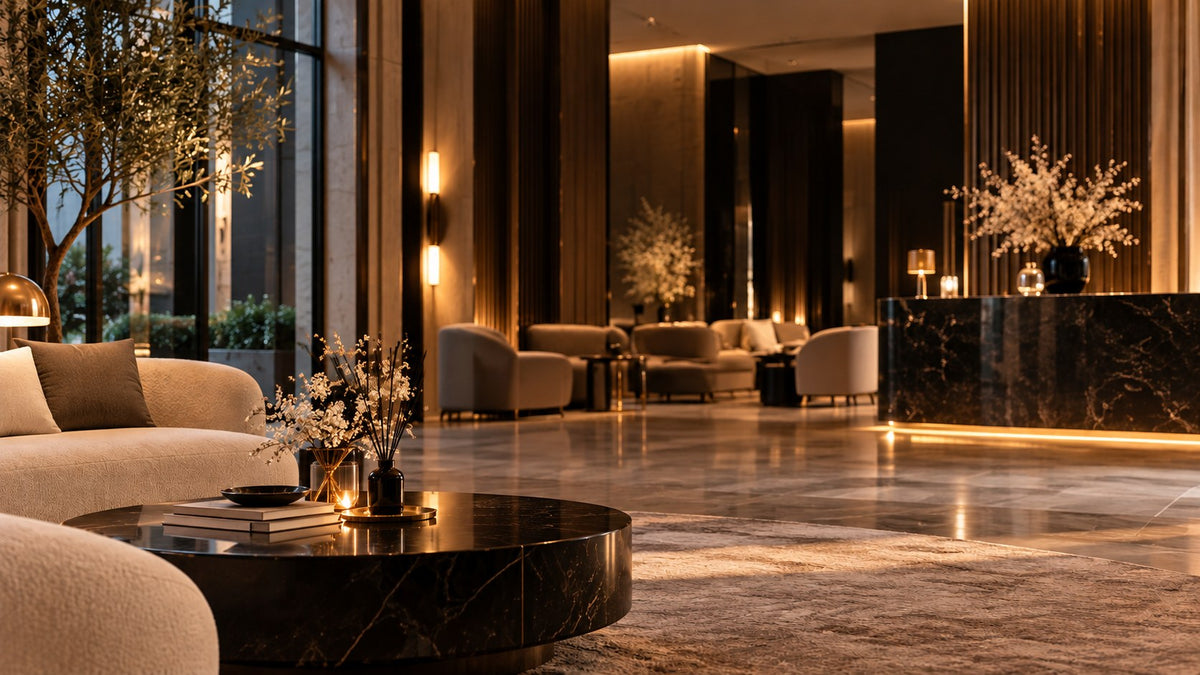 Lobby elegant de hotel cu lumină caldă, marmură și difuzor cu bețișoare pe măsuța de cafea